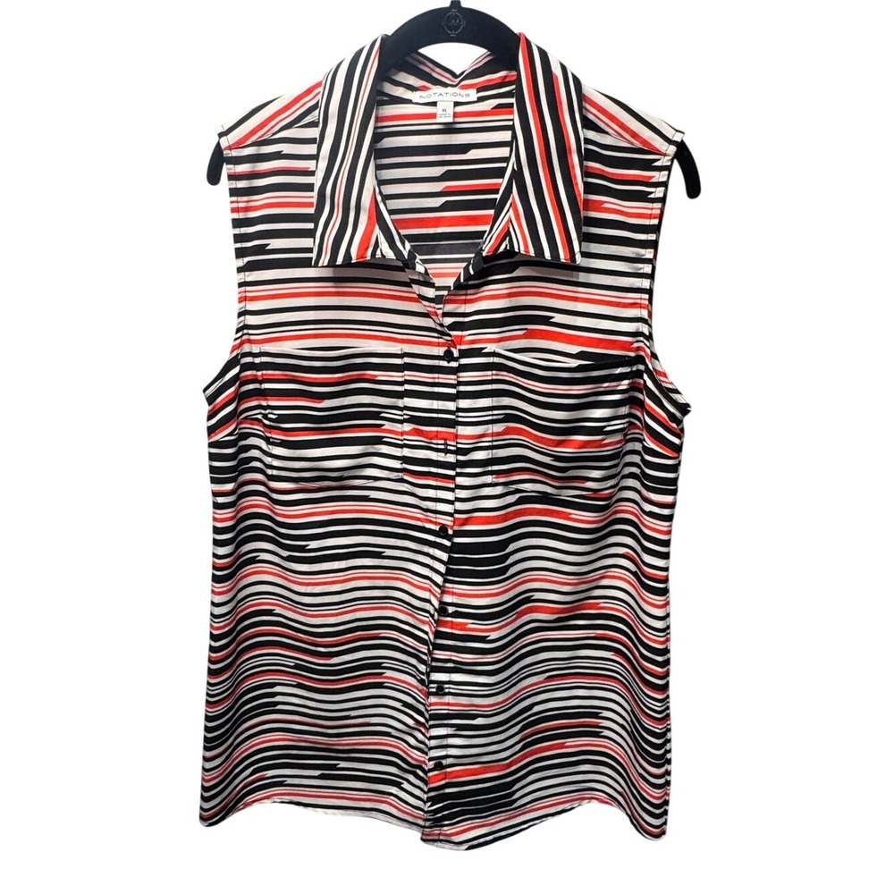 Notations Womens XL Sleeveless Button Down Blouse Orange Black White Striped Top